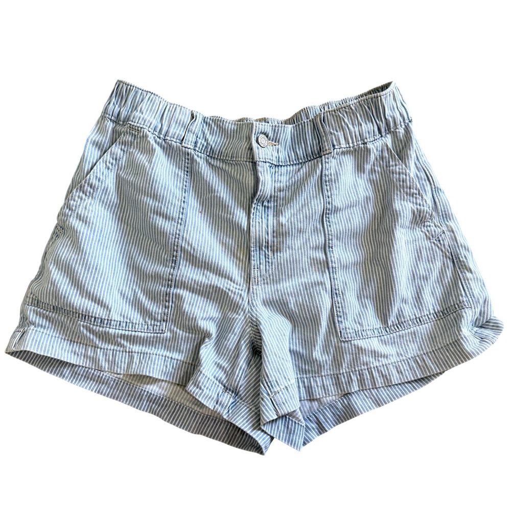 Gap Denim Blue Railroad Stripe High Waisted Utility Shorts Elastic Large Cotton